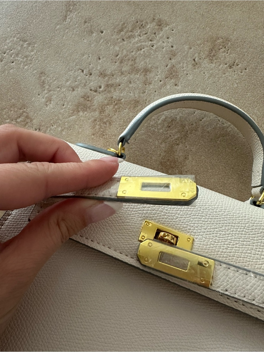 Cream Structured Top-Handle Women's Bag with Gold Hardware - Picture 2 of 4